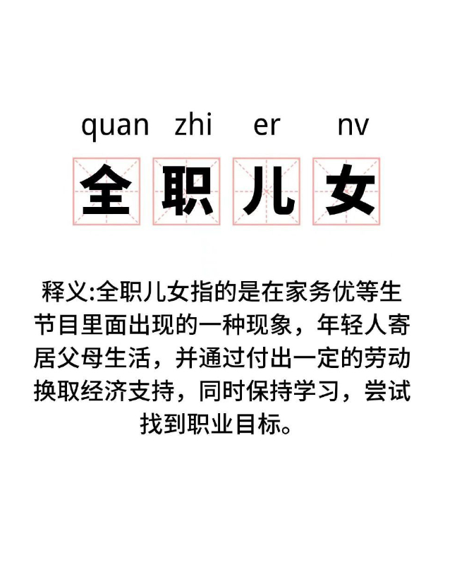 #全职儿女是什么意思#原来在家付出劳动获得爸妈的经济支持就是全职儿女，真是长知识
