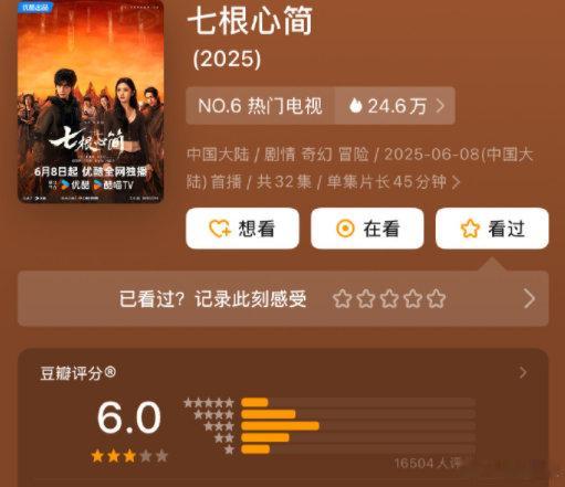 七根心简豆瓣6分七根心简豆瓣6分，大家不要错过刘浩存宋威龙敖瑞鹏的这部剧啊 ​​