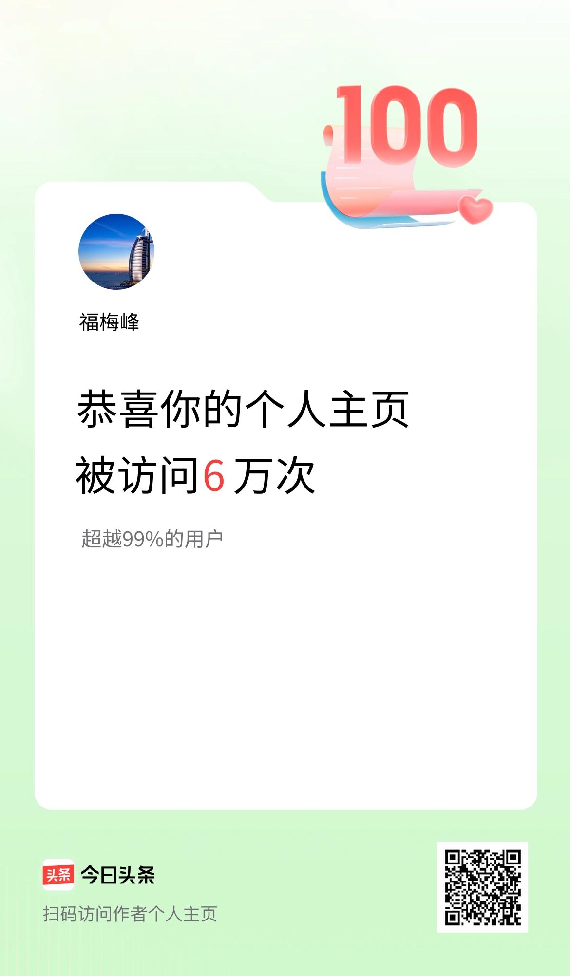 我的头条个人主页被访问6万次啦！