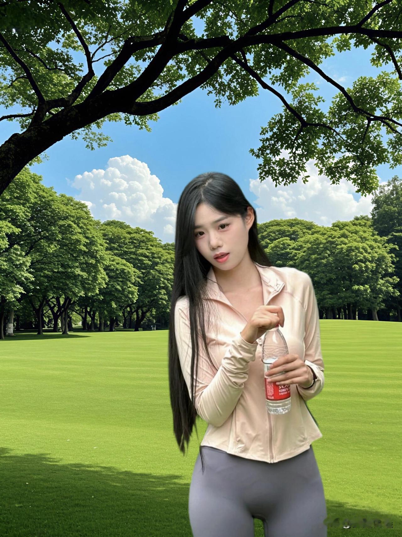 阳光明媚的公园里，少女手持饮料，享受美好时光。🌞🍃💕