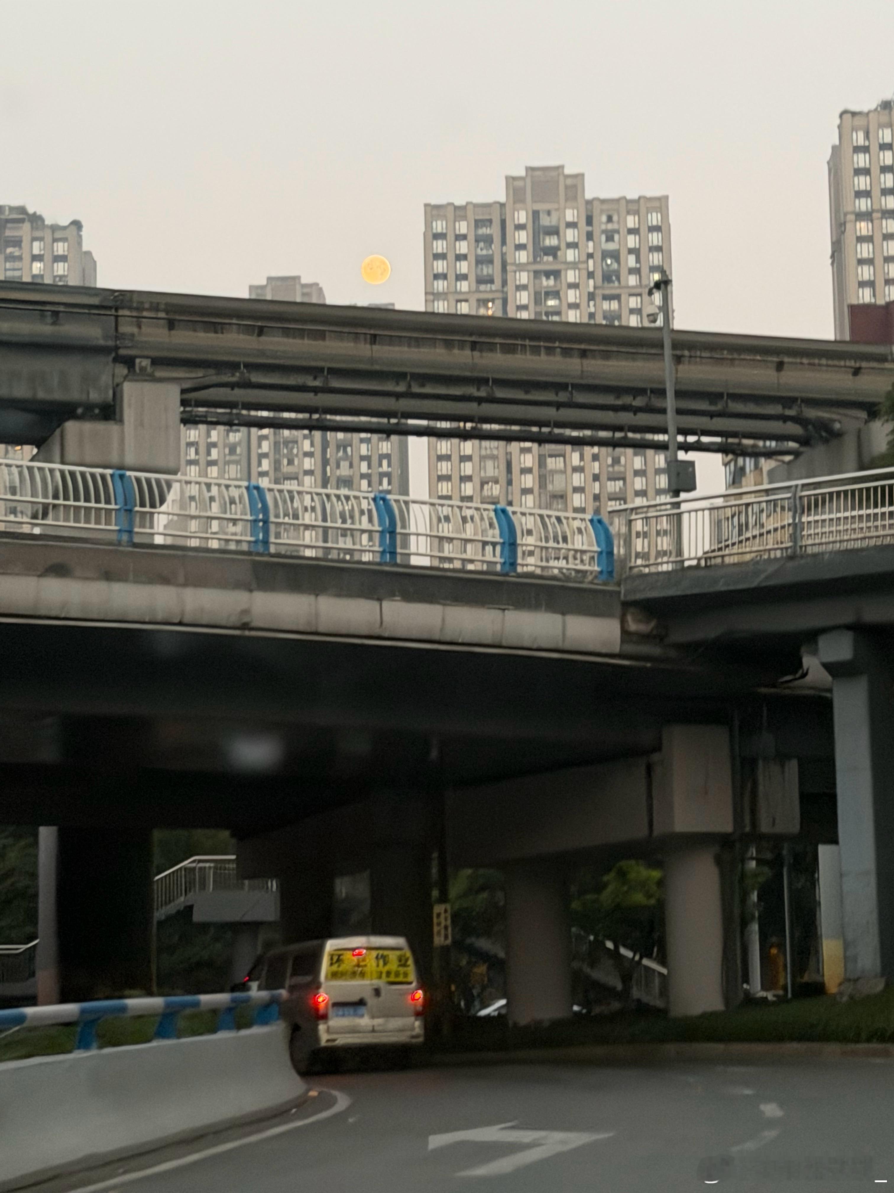 大家赶快起床找角度拍月亮，一大早能看到这么亮的月亮感觉挺少见的，大家早安