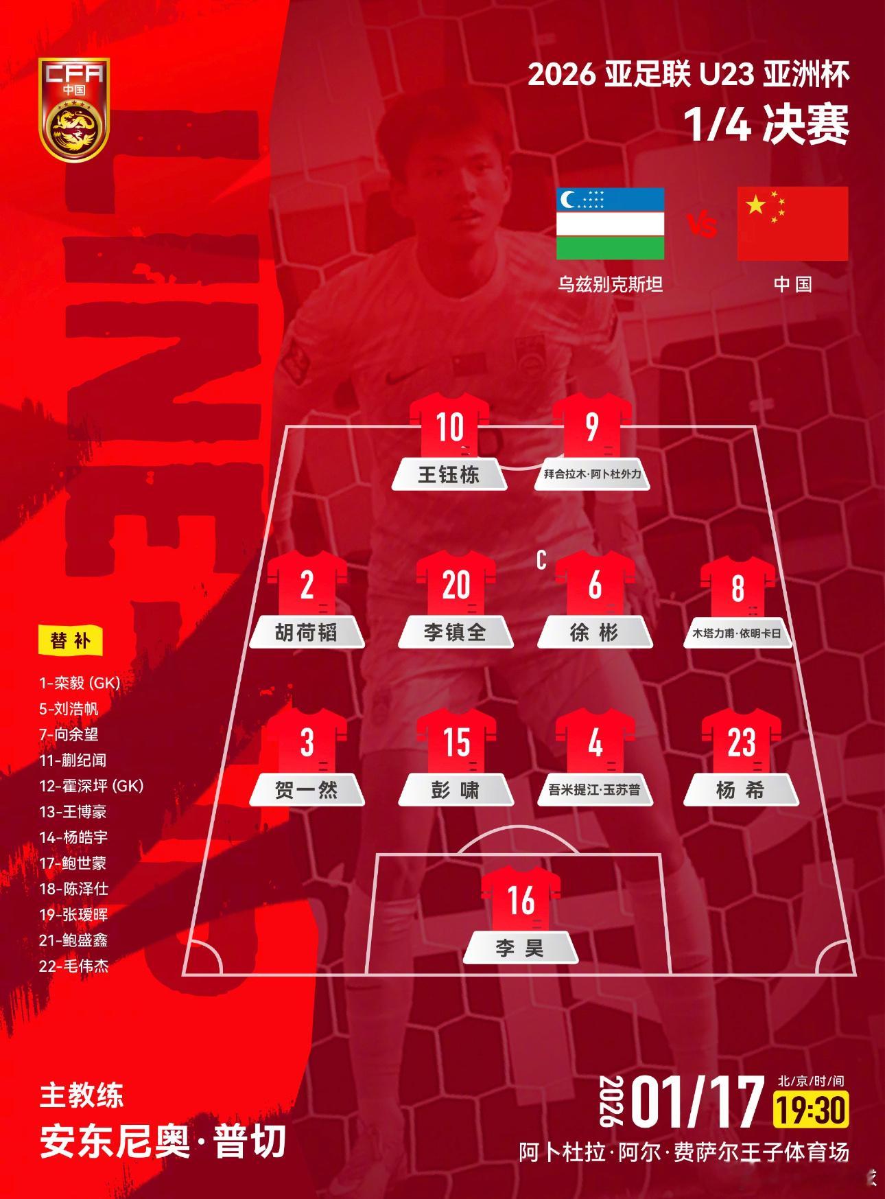 1月17日讯 U23亚洲杯1/4决赛，中国U23对阵乌兹别克斯坦U23，赛前中国