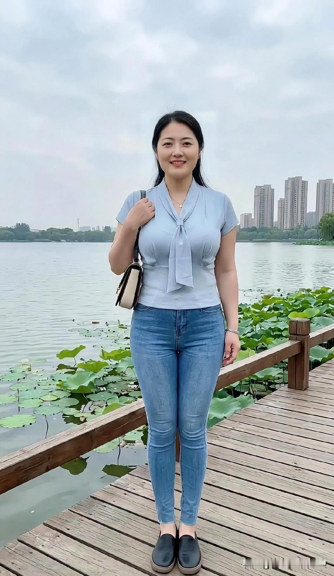 湖畔木栈道，蓝衣牛仔，浅笑盈盈，都市与荷塘交织出宁静日常的诗意画卷。