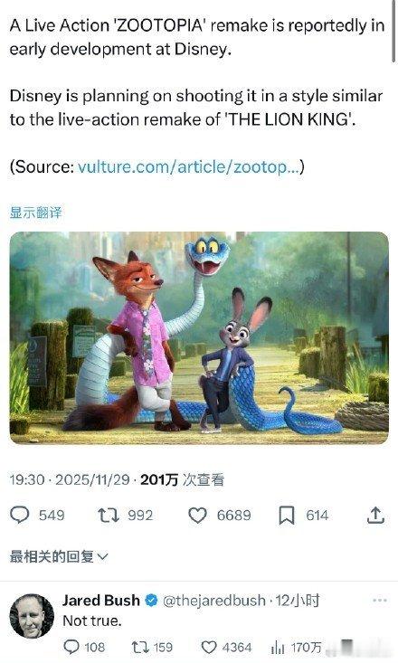 导演回应疯狂动物城真人版传闻，明确否认相关拍摄计划，称动画原有呈现方式更能保留作