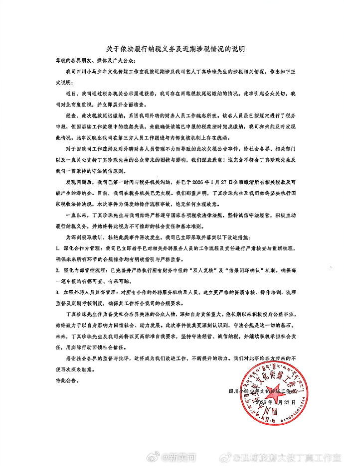 【#丁真工作室已缴清所有税款#】#丁真工作室解释延迟缴纳原因#  近日，四川小马