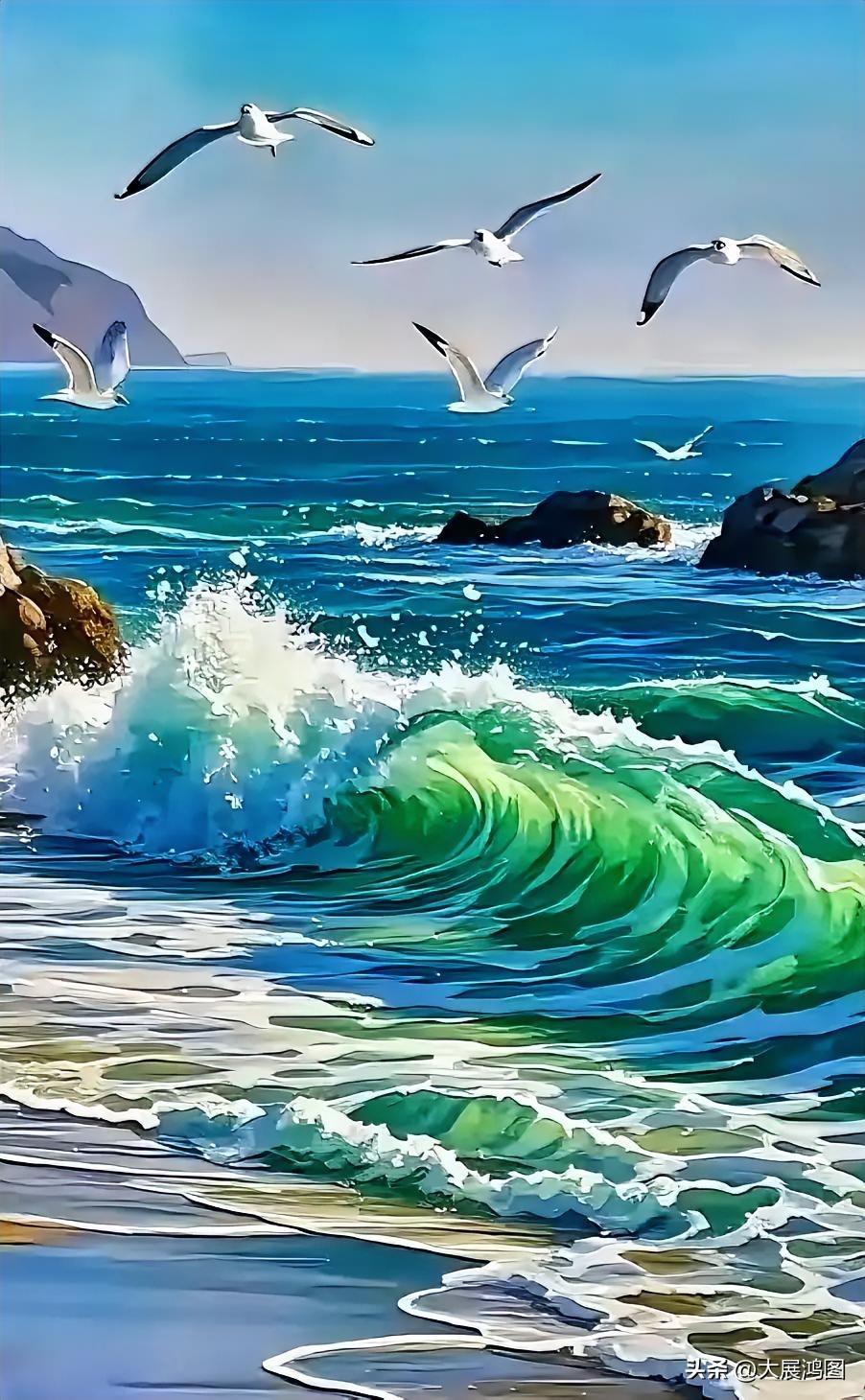 海畔鸥影
海浪拍崖雪浪翻涌，
海鸥振翅冲破苍颜。
海天浩渺随心舞动，
一幅天然画