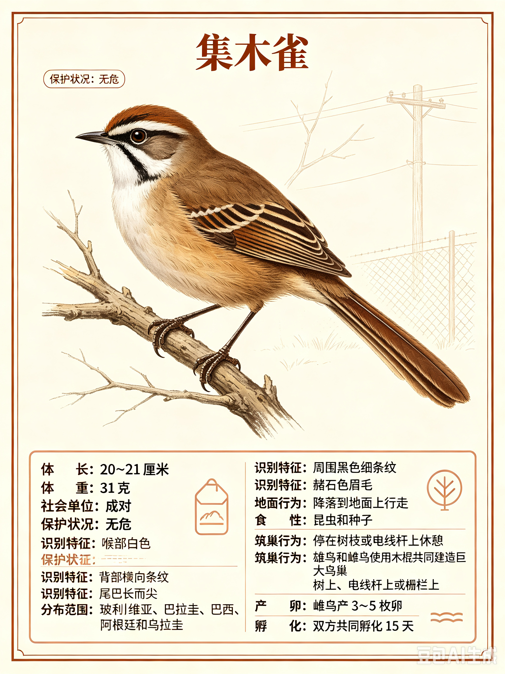 鸟类朋友图鉴 集木雀体长：20~21 厘米体重：31 克社会单位：成对保护状况：