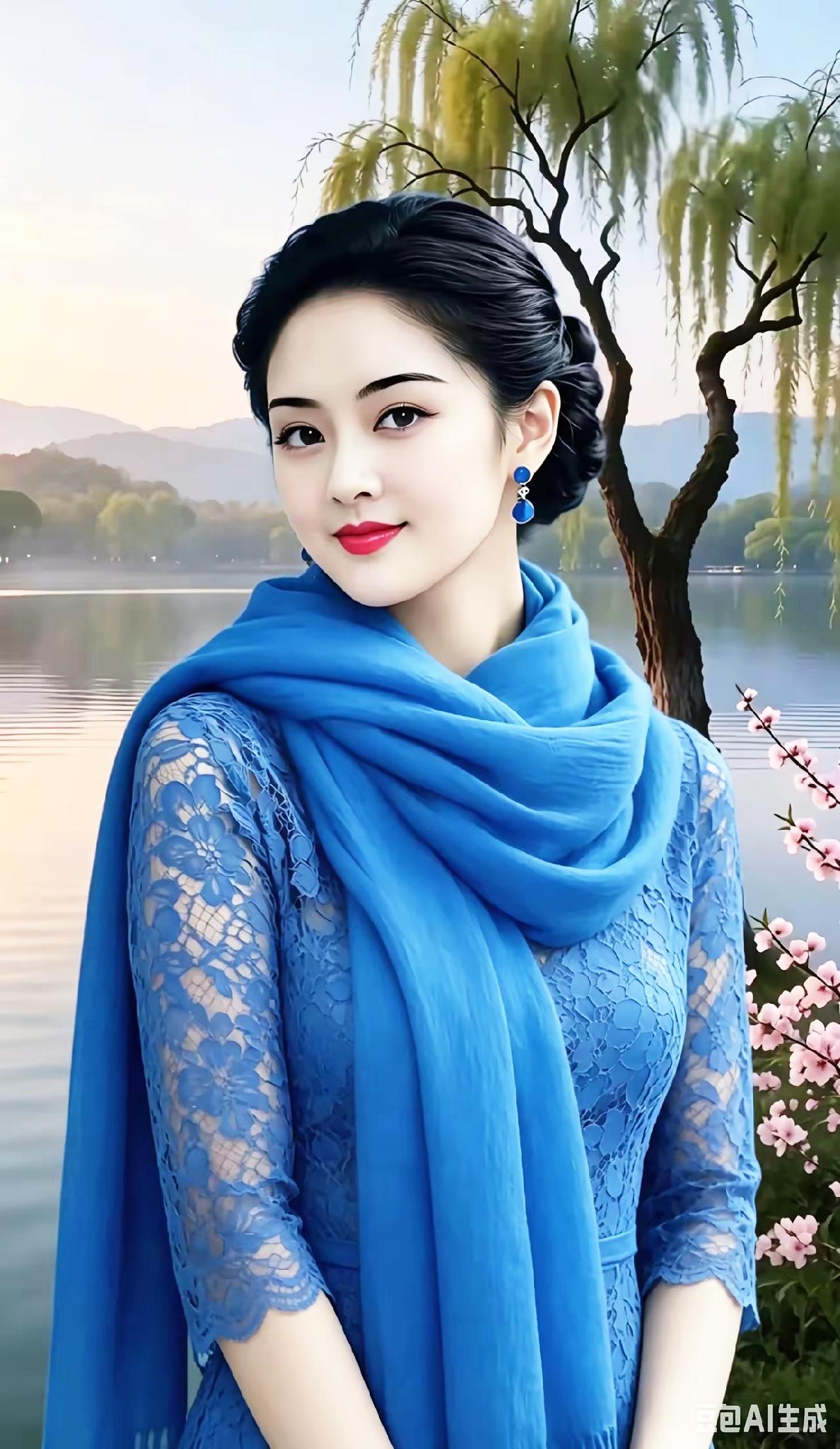 一位穿蓝色裙子的女士在湖边拍照。