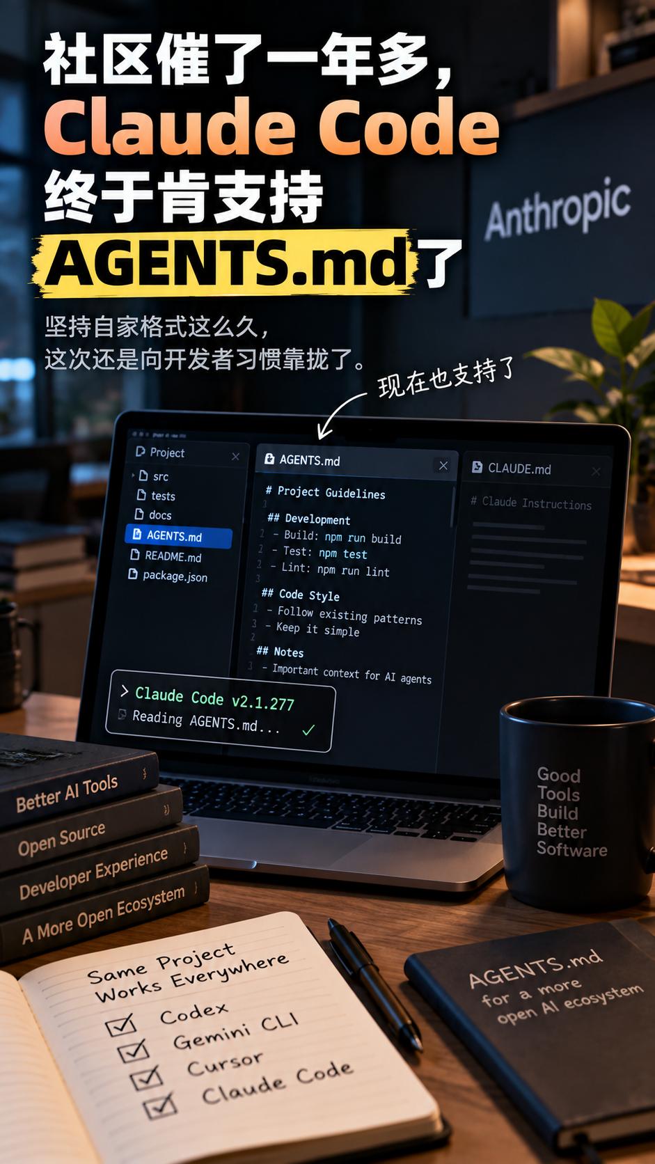 社区催了一年多，Claude Code终于肯支持AGENTS.md了

Clau