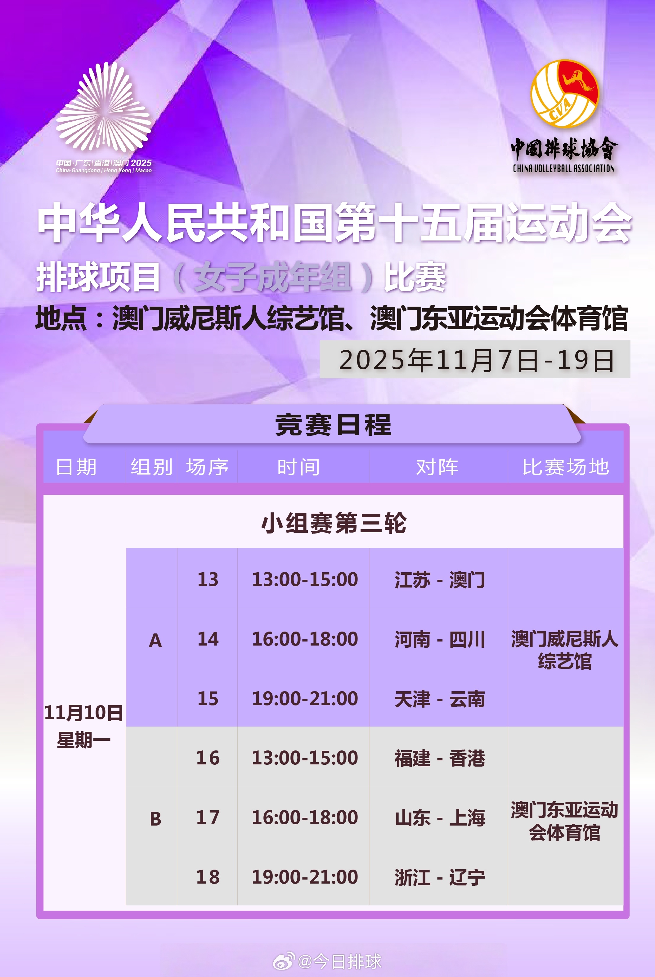 【第十五届全运会 女排小组赛今天（11月10日）的竞赛日程】13:00 A组 江