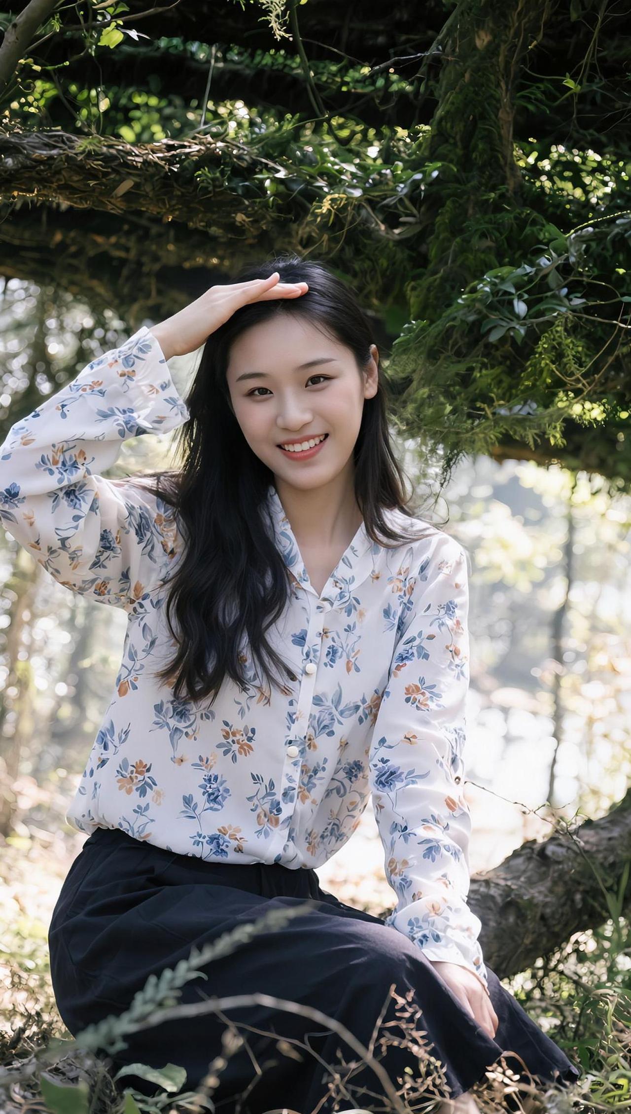 在春日的暖阳下，轻柔的花衬衫与自然的绿意交织，仿佛一幅生动的画卷。阳光透过树叶的