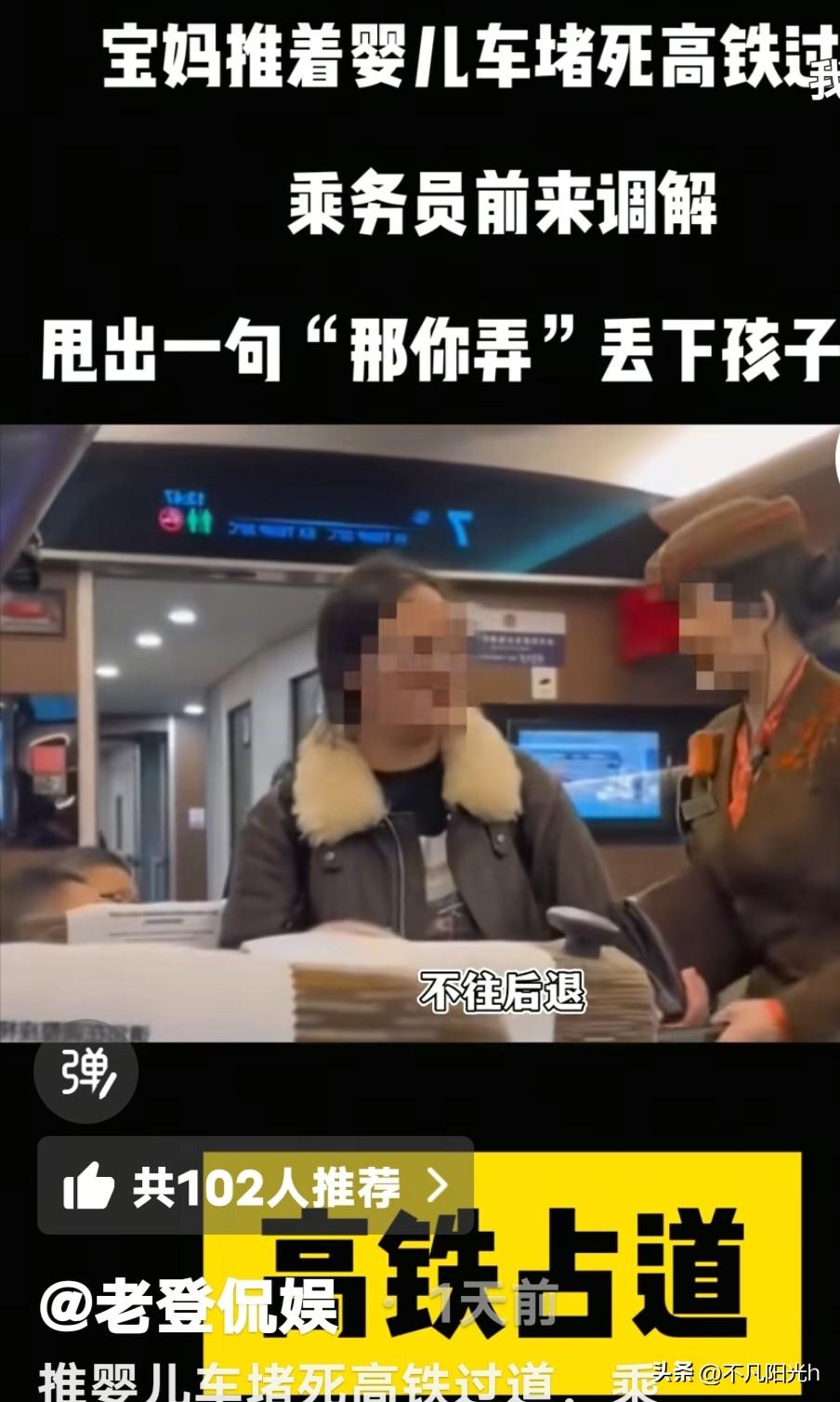 G27次高铁上，一位宝妈占着过道不动，推婴儿车就是不让开道，12306工作人员回