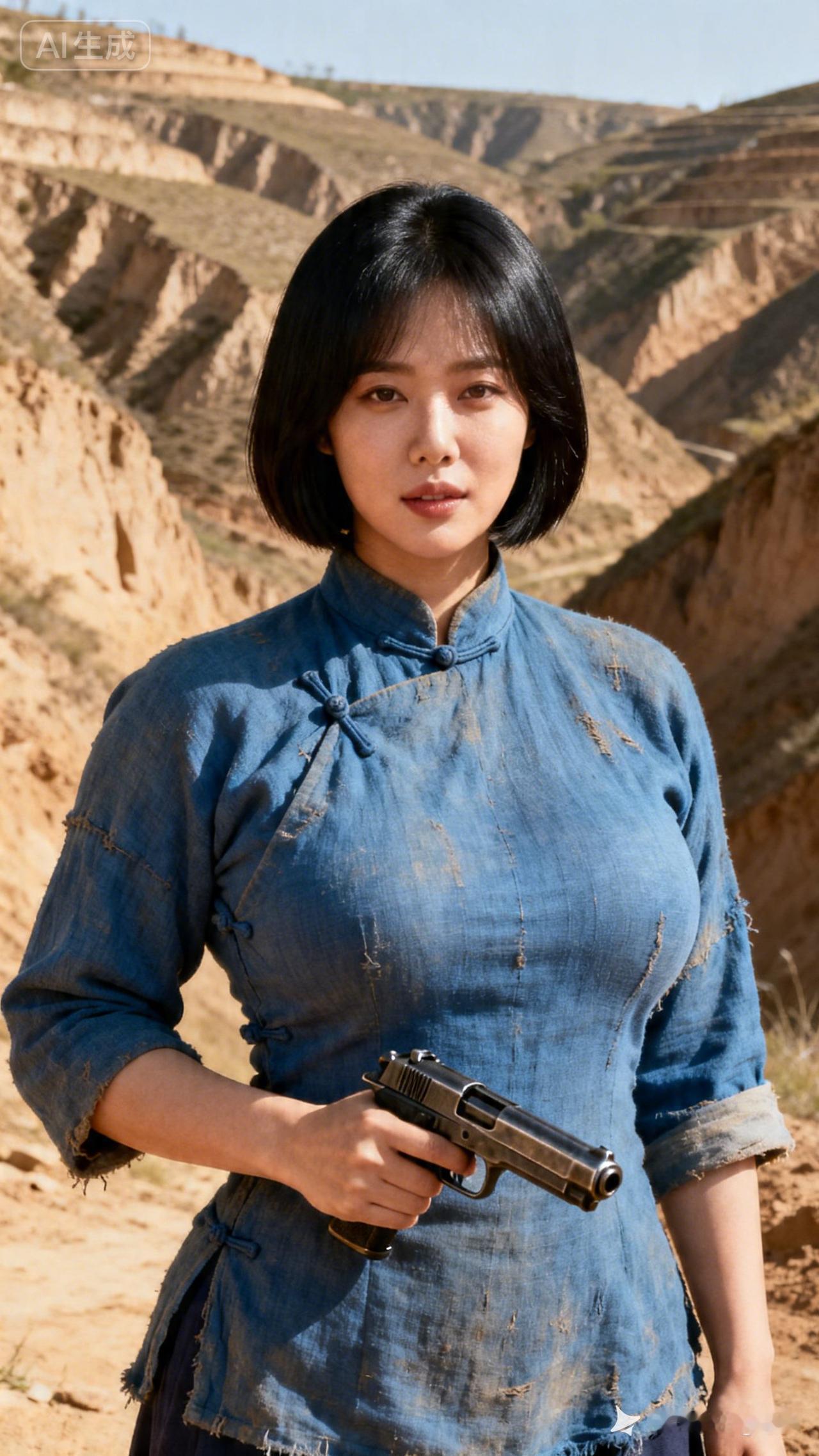 复古牛仔风，手持手枪，沙漠背景，酷炫十足！🔫🌵💃