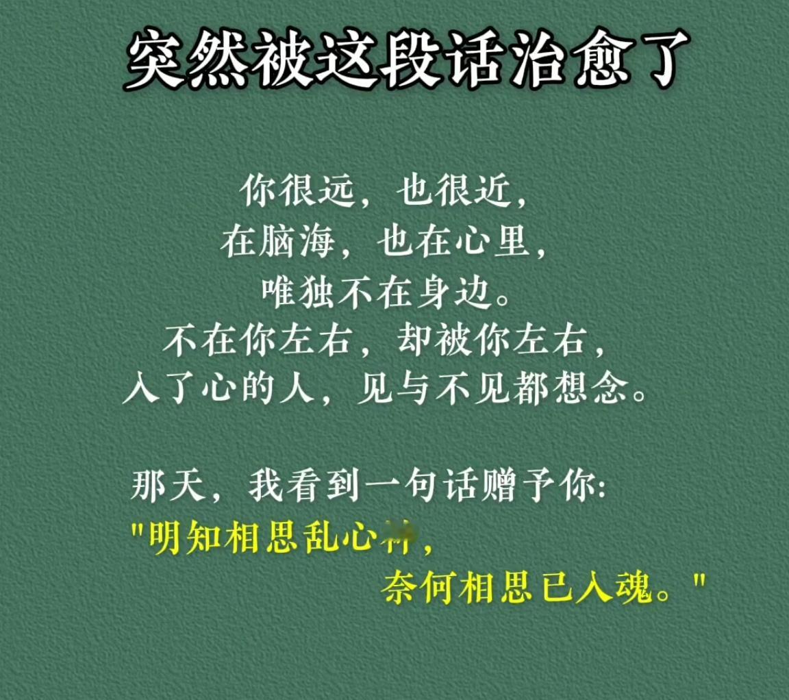 你很远，也很近，在脑海，也在心里，唯独不在身边。不在你左右，却被你左右，入了心的