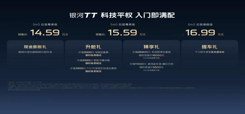 8月13日，吉利全新C级AI纯电运动轿车——银河TT开启预售，共推出3款后驱版型