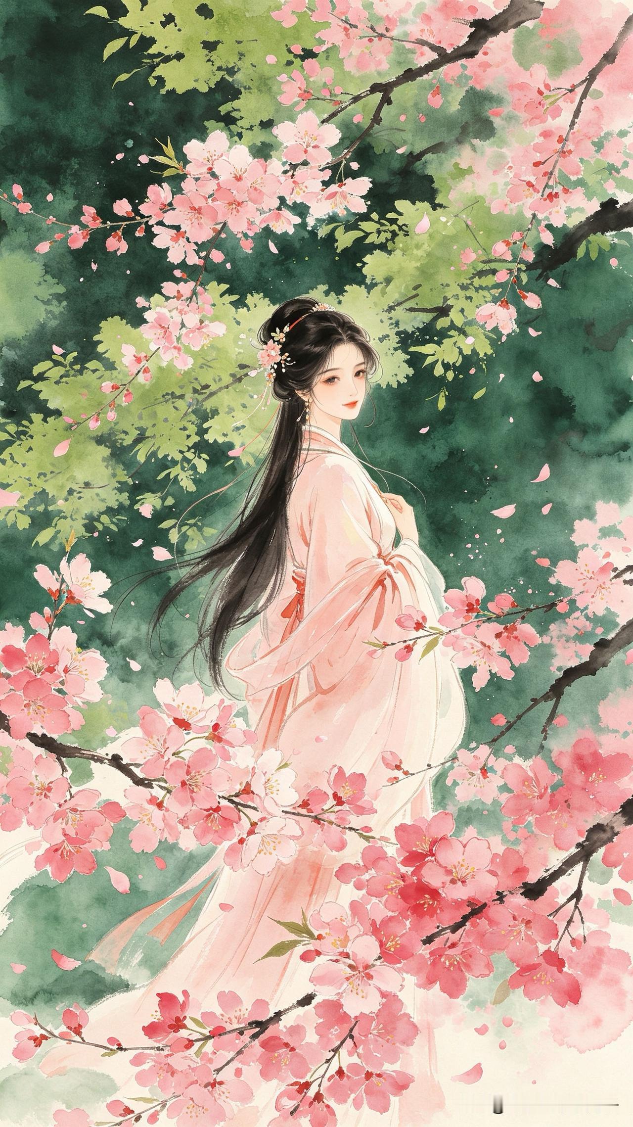 桃腮未语已含情，
转盼流光百媚生。
莫道春深花易老，
         
………