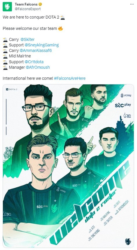 沙特阿拉伯队伍Team Falcons官推公布阵容#dota2转会##DOTA2