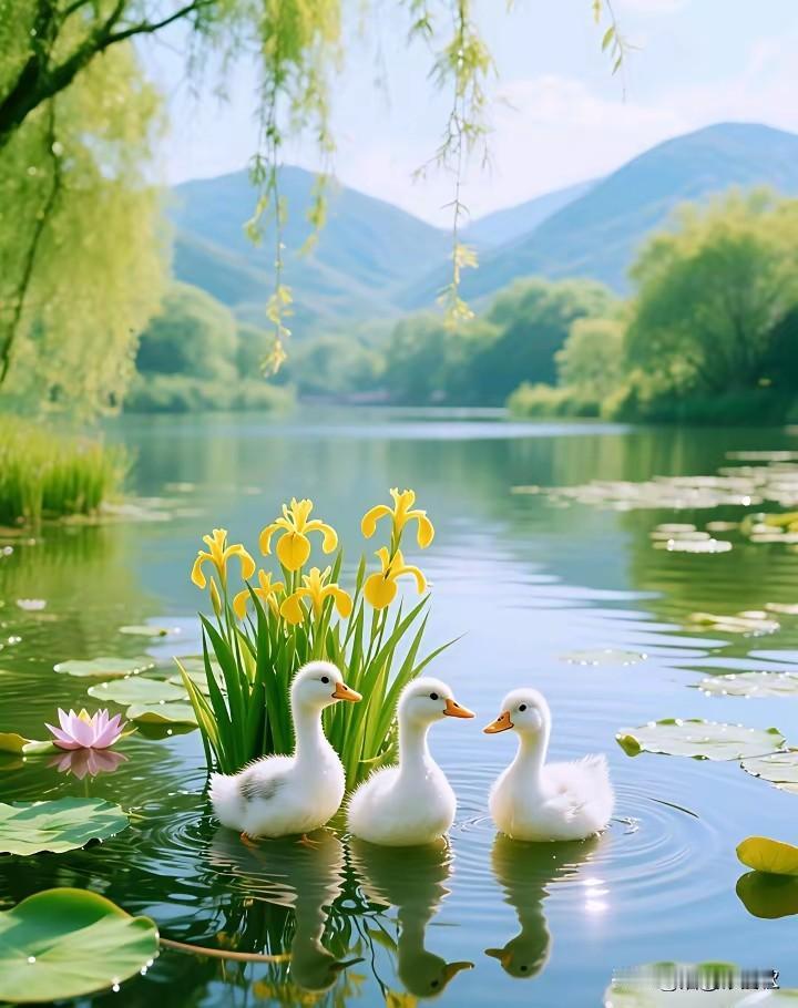 儿时快乐是童年，
三只小鸭玩半天。
天真无邪且浪漫 ，
钓鱼抓虾跑满山。