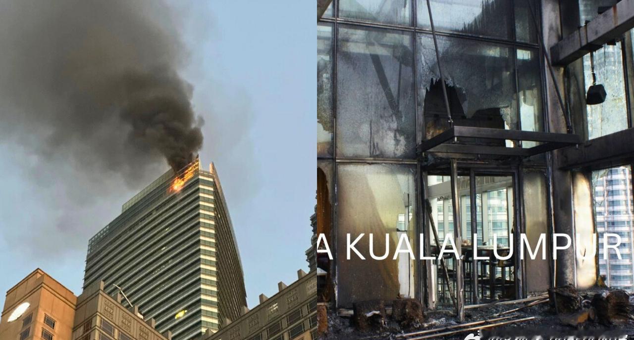 【吉隆坡国油第三大厦着火 顶楼碎片直坠路面】吉隆坡国油第三大厦今晨发生火灾，阵阵