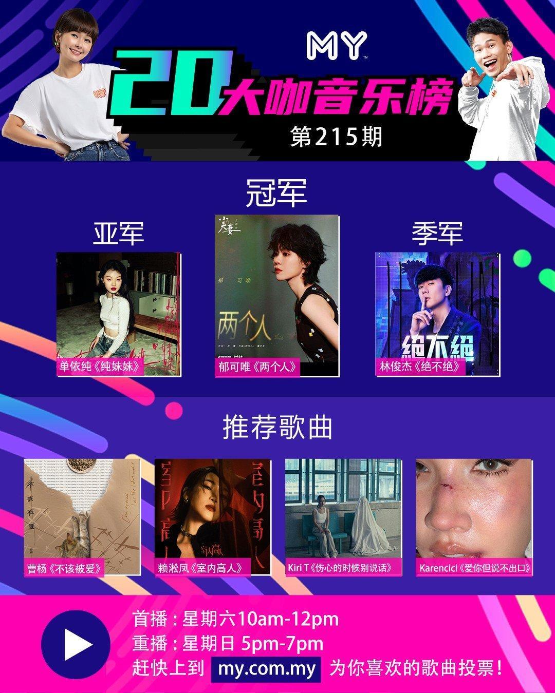 马来西亚电台MY FM《MY20大咖音乐榜》（第215期）本周榜单前三强🏅️冠
