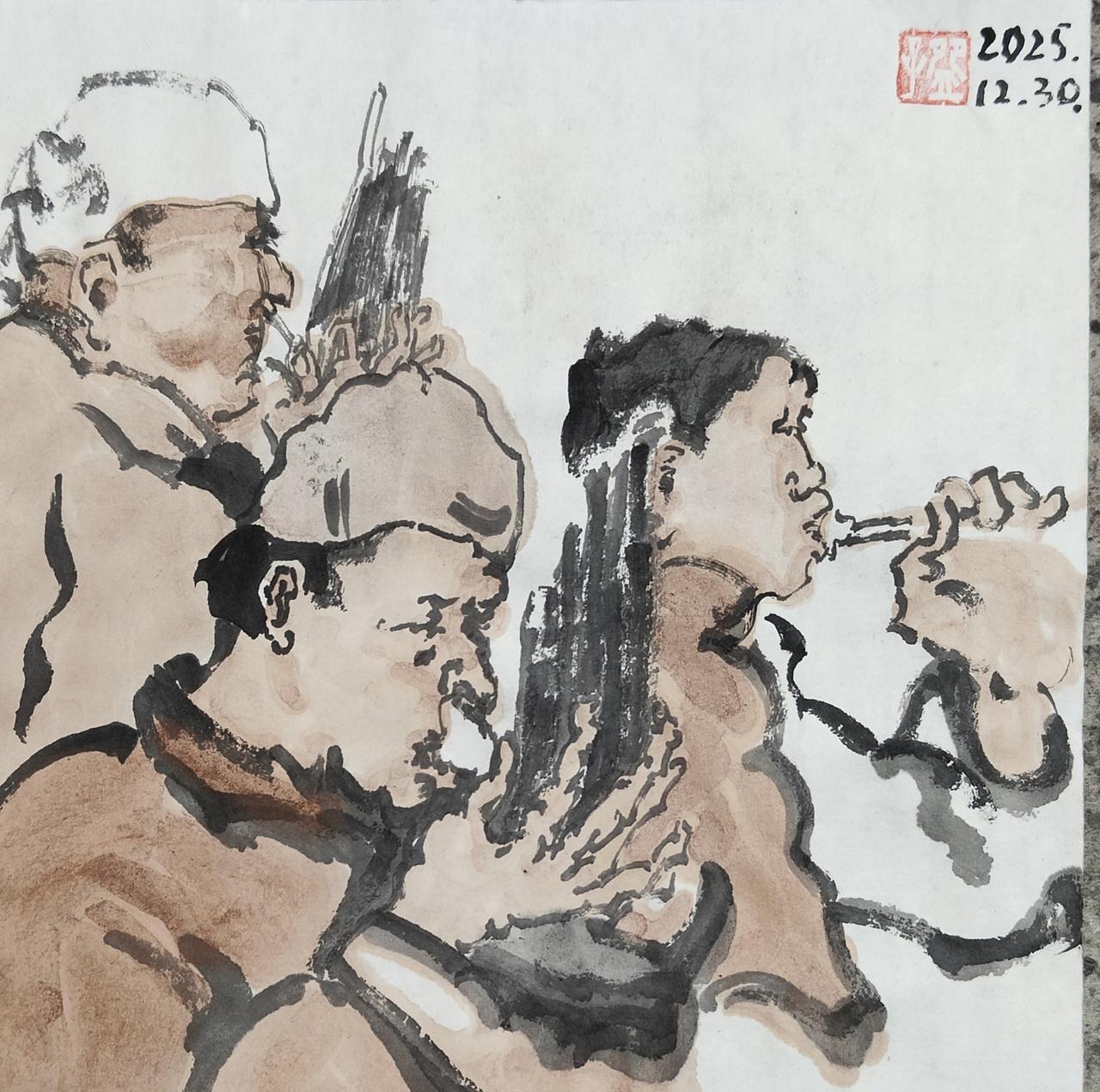 碗子的纸片水墨
​临一张伍必端1960年的《吹奏者》