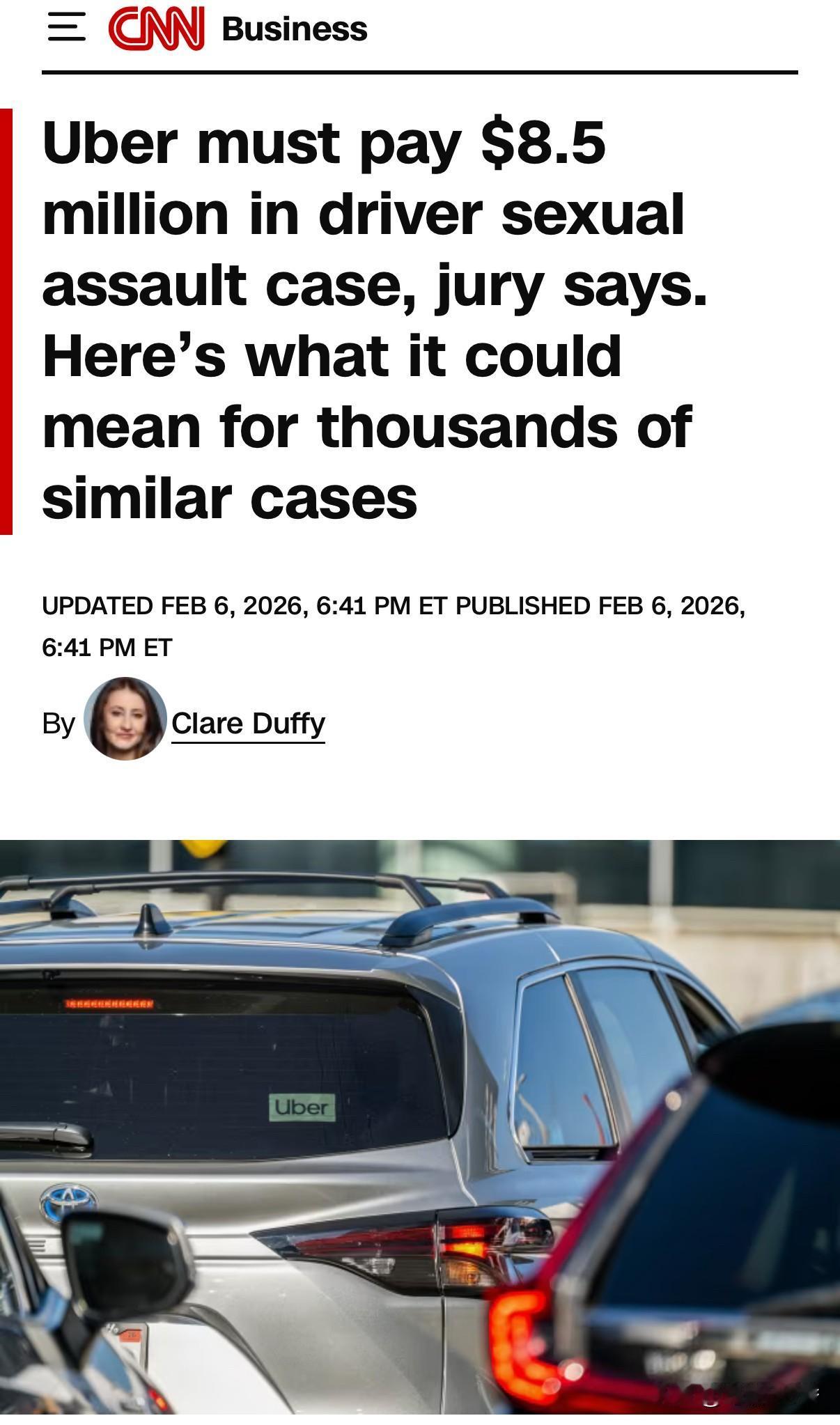 美国陪审团赞同一起Uber（出租车公司）司机性侵案件中，该公司向受害人支付850