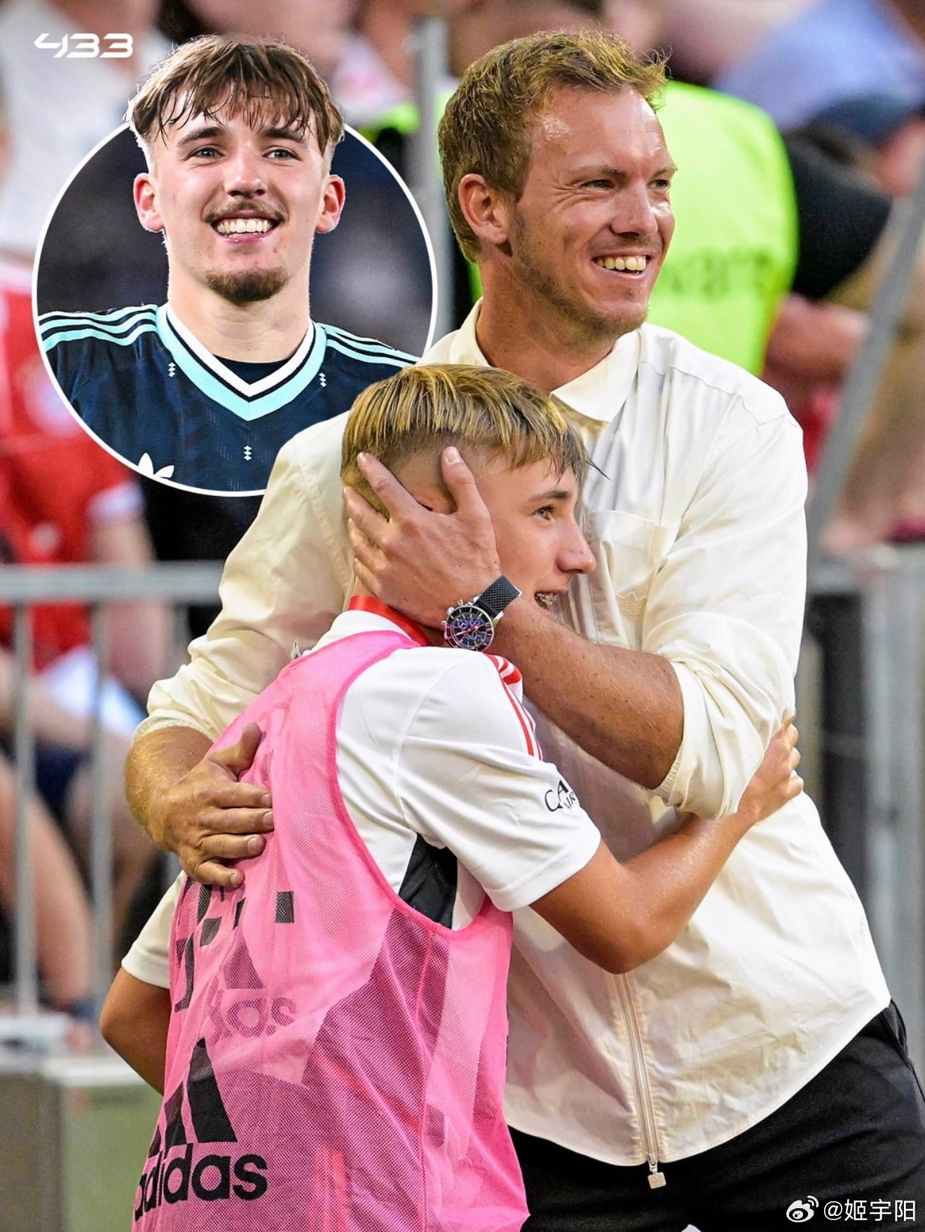 【从球童到国脚】 图一是 2022 年，当时的拜仁主教练纳格尔斯曼和场边的一位球