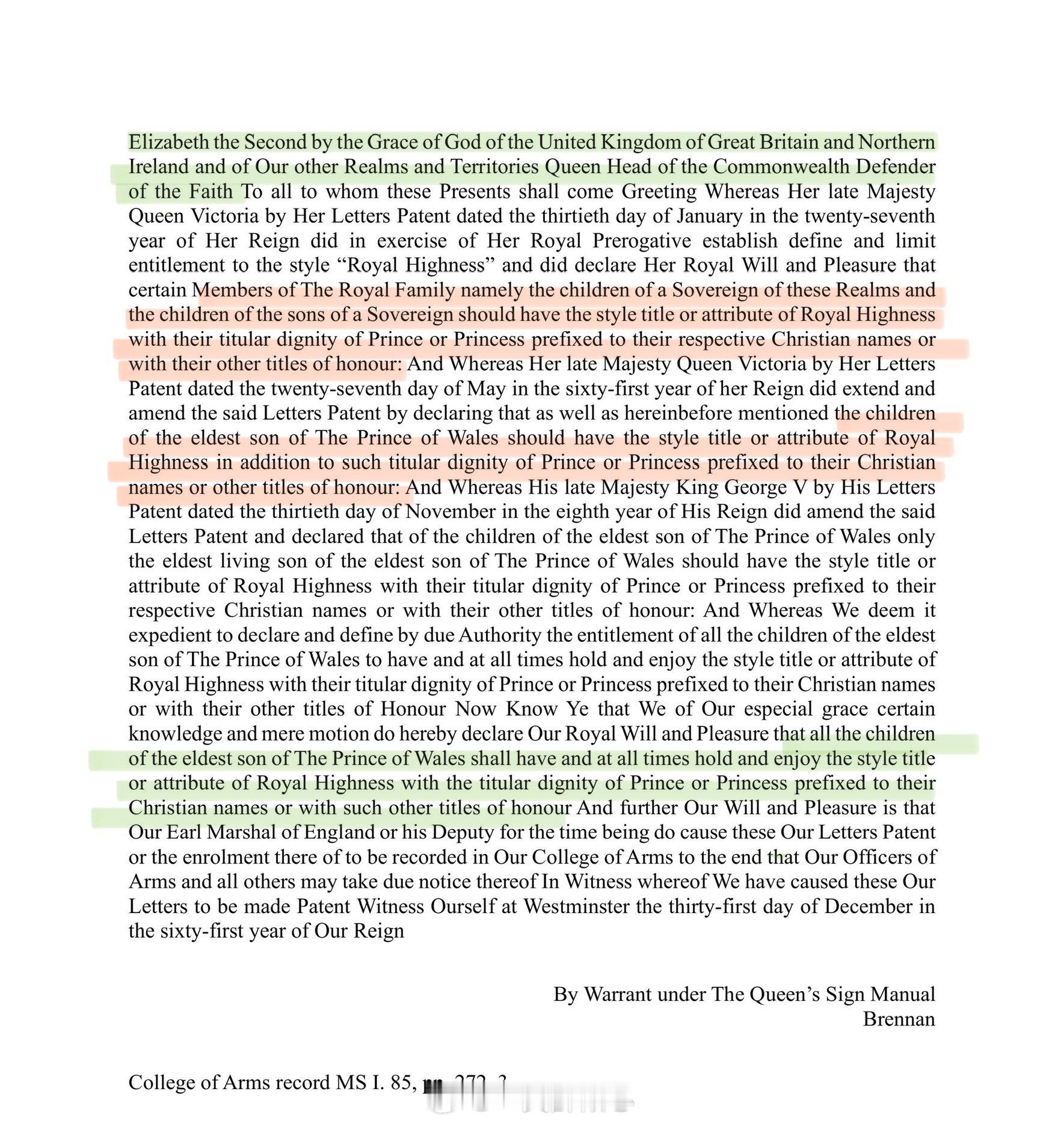 英国王室[超话]  2012年12月31日，伊丽莎白二世女王颁布一条法令，修改她
