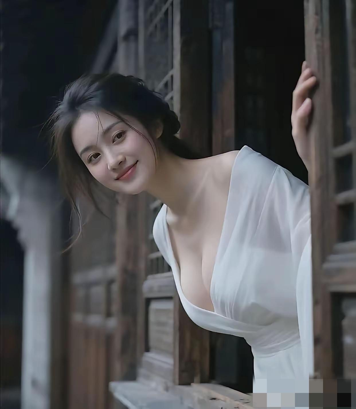 这女人的动作和所站的位置，好像当年水浒传里的潘金莲从窗户伸出头的样子，可是她不是