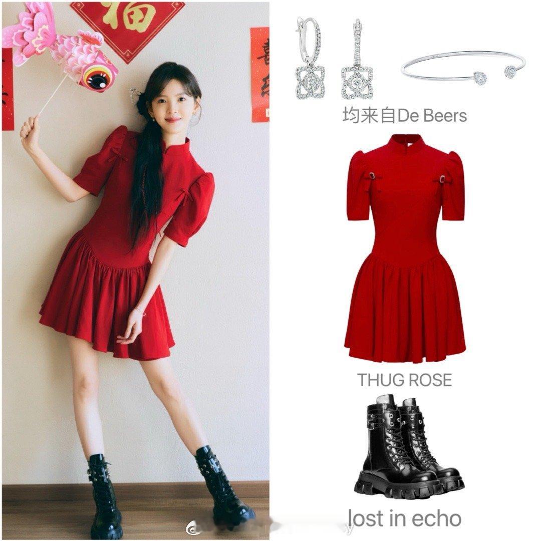章若楠春节私服解析，简单大方的“红黑配”，释放甜妹气息！ ​​​