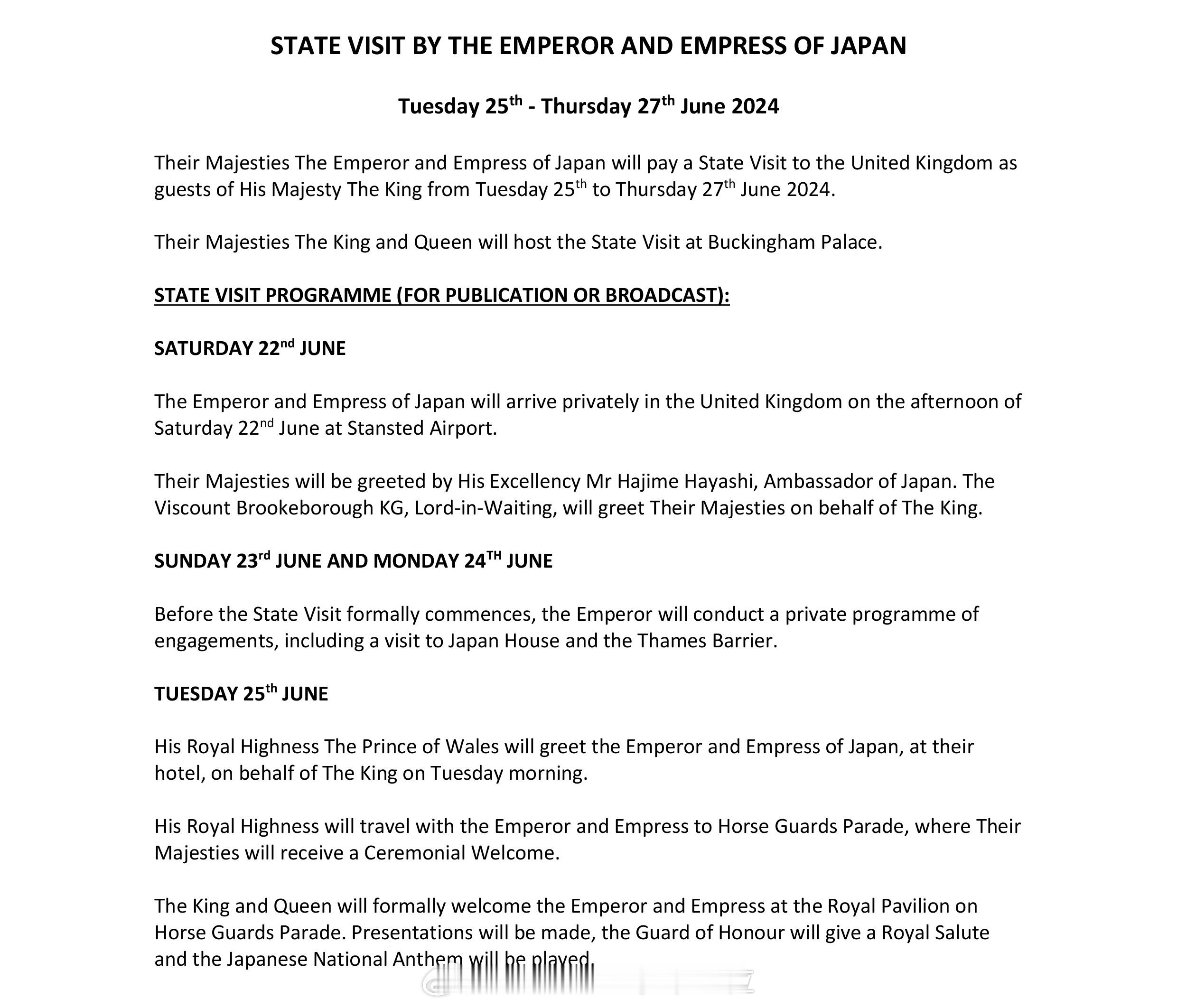 #新闻#日本德仁天皇和雅子皇后将于6月25日至27日对英国进行国事访问，具体细节