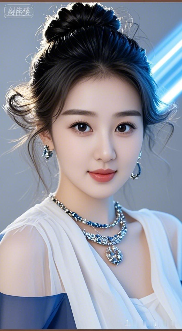 年轻美人身着素雅棉麻雪纺衫，精致盘发搭配首饰点缀，妆容细腻柔和浅笑。冷调灰底衬景