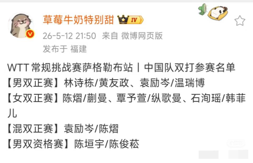 WTT萨格勒布站常规挑战赛 中国队双打选手名单—林诗栋/黄友政
温瑞博/袁励岑打
