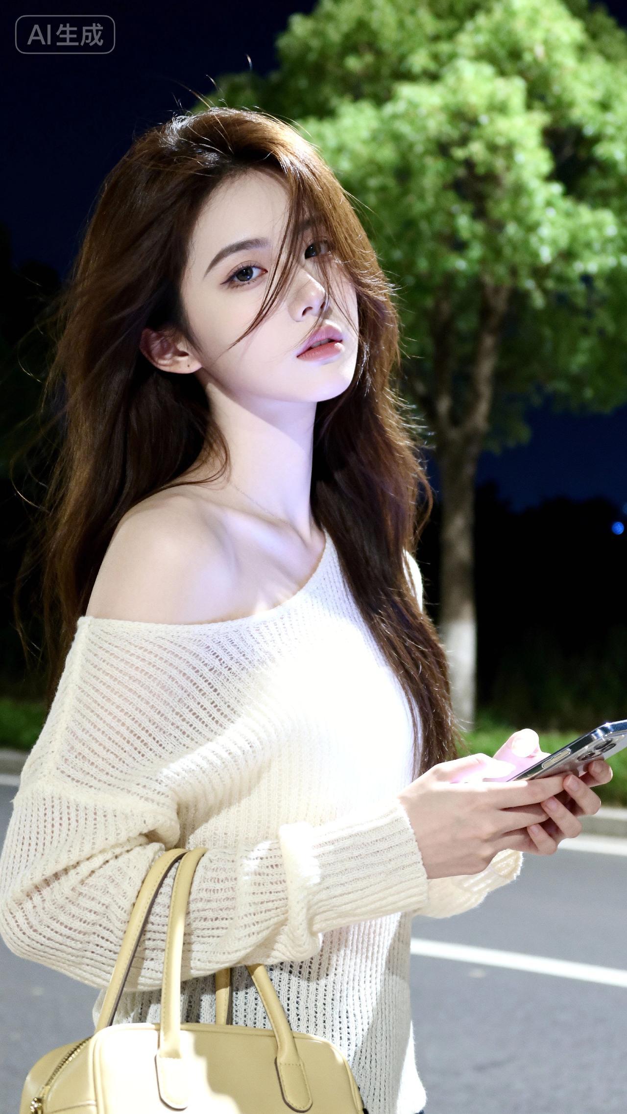 夜晚的街灯下，温柔少女低头看手机，金色的包包点缀着她的优雅。夜景气质少女 绿裙侧