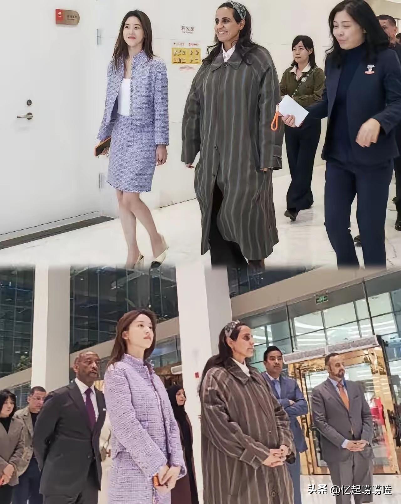 章泽天超级厉害，把卡塔尔公主玛雅莎请到了京东总部。

章泽天一身紫色香奈儿套装非