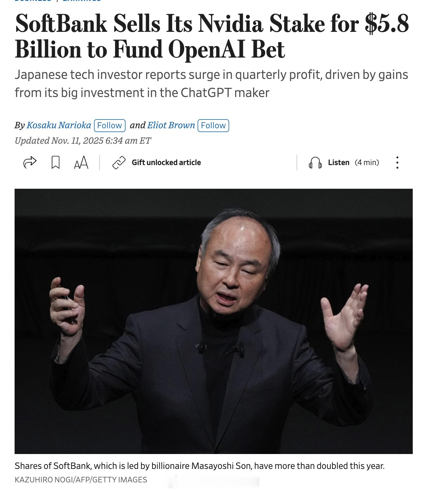 软银（SoftBank）以58亿美元的价格，已在10月出售了其持有的全部Nvid