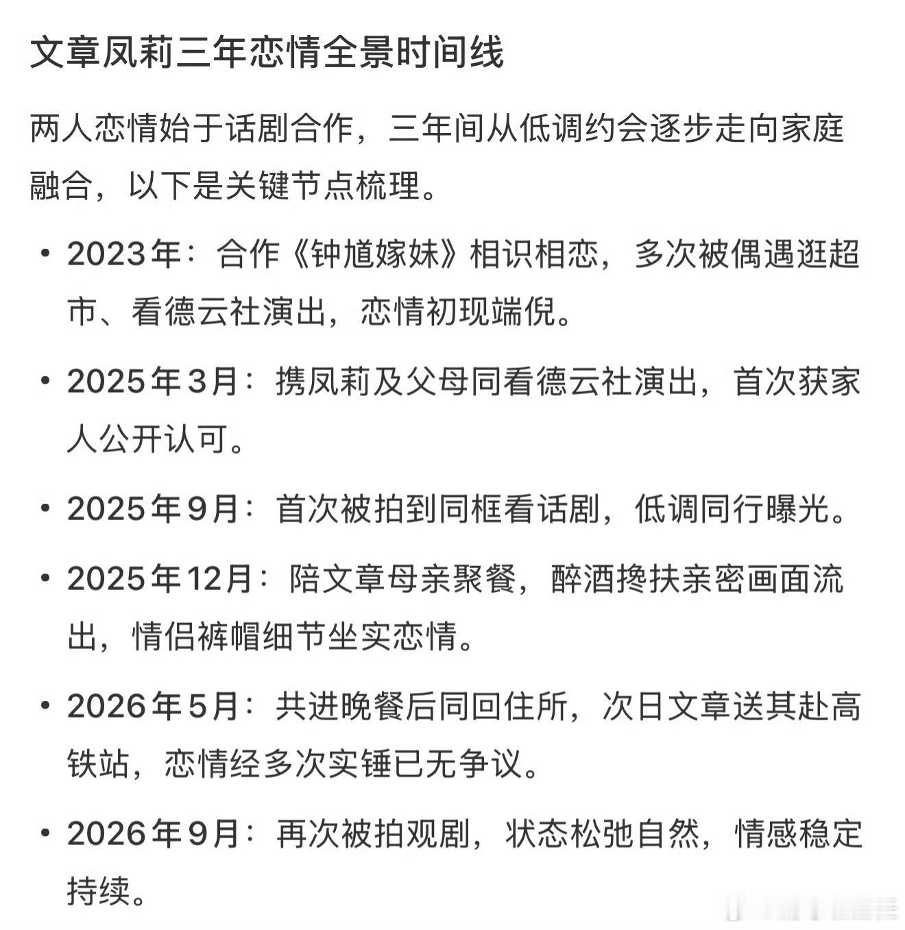 文章凤莉感情时间线演员与话剧演员凤莉因合作话剧相识，已低调相恋近三年并多次被拍同