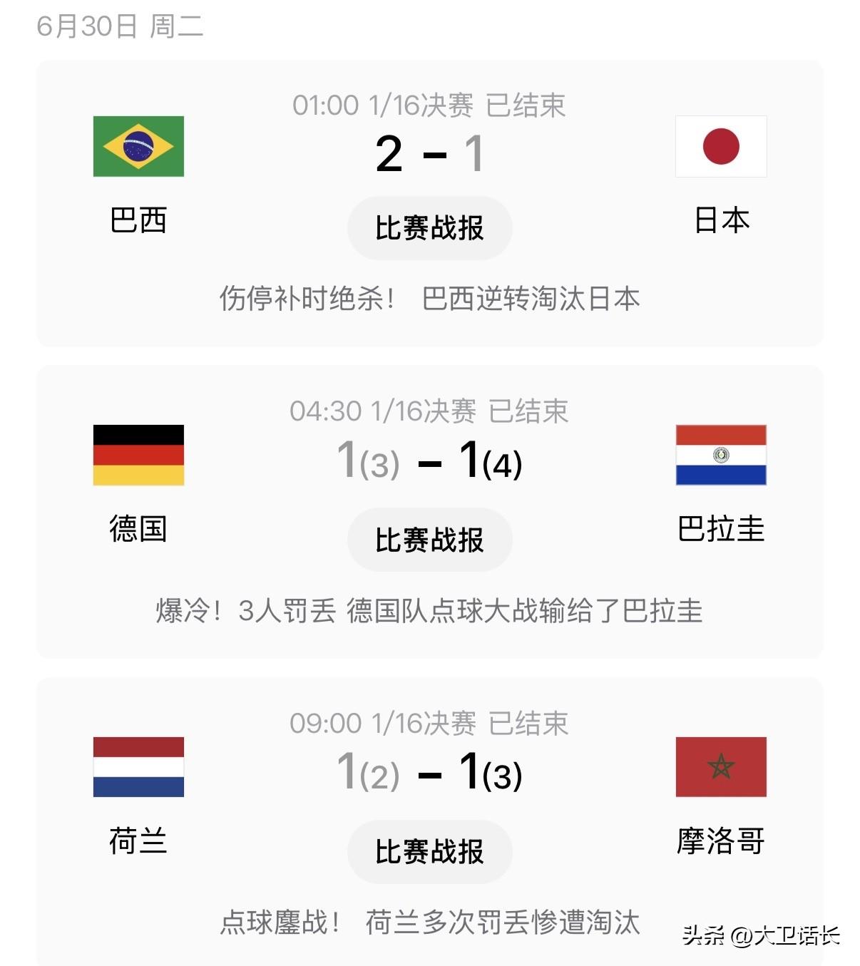 本届世界杯小组赛和今天淘汰赛3场2场点球，就看得出今年的强队实力不足，踢亚洲球队