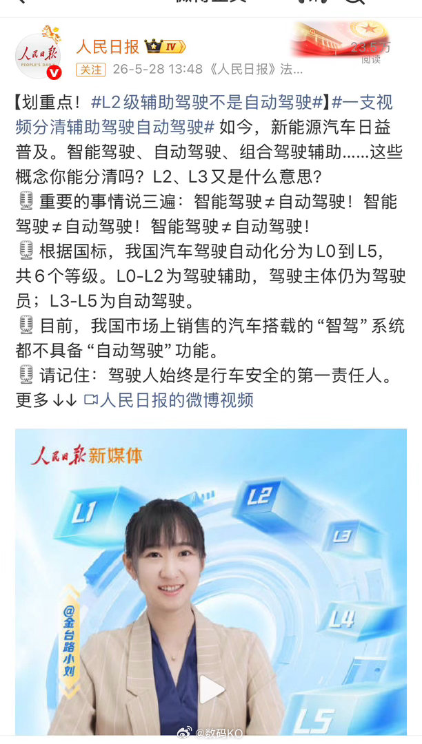 人民日报强调三遍智能驾驶≠自动驾驶！智能驾驶≠自动驾驶！智能驾驶≠自动驾驶！目前