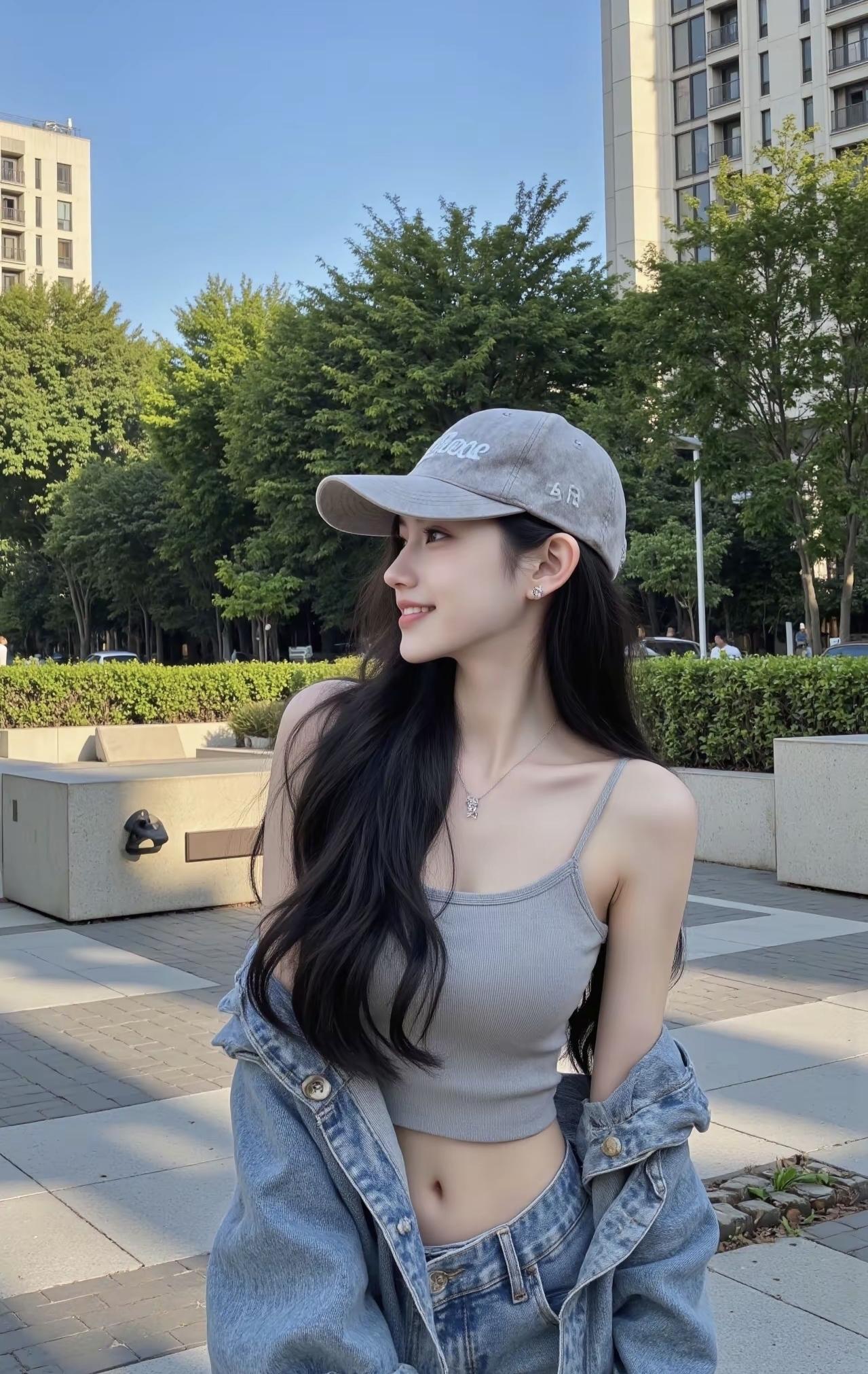 灰调吊带和牛仔的松弛感刚好适配这抹淡金色的光。帽檐遮了半分热意，露腰的小小心机，