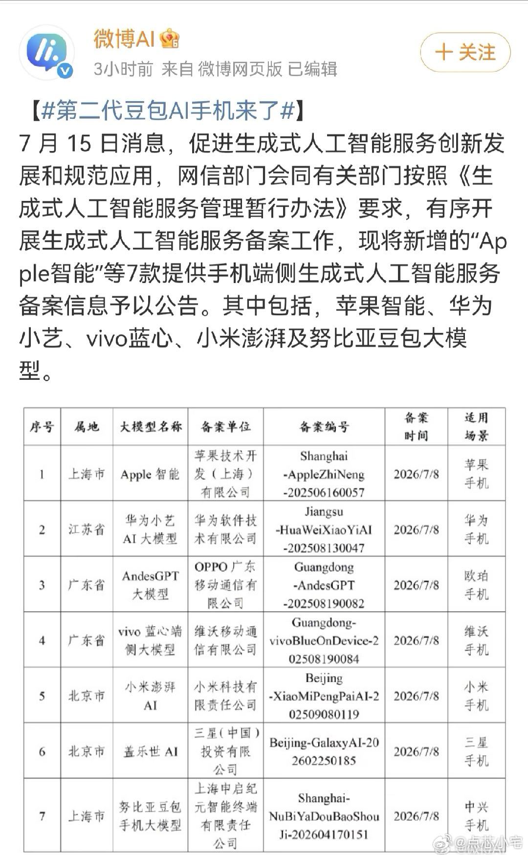 第二代豆包AI手机来了 网信部门刚更新了生成式AI备案公告，按照管理办法公示了7