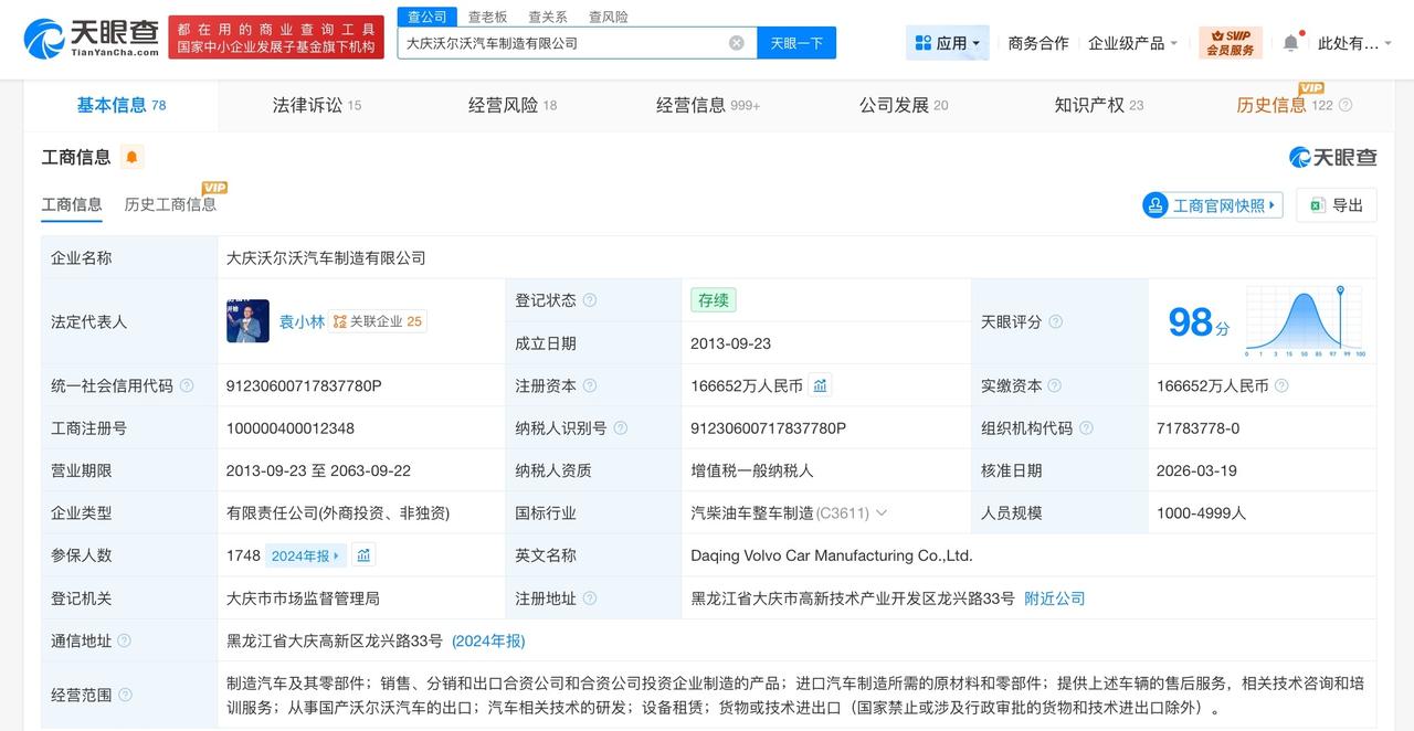 袁小林卸任大庆沃尔沃公司董事长

吉利沃尔沃合资公司董事长变更
天眼查工商信息显