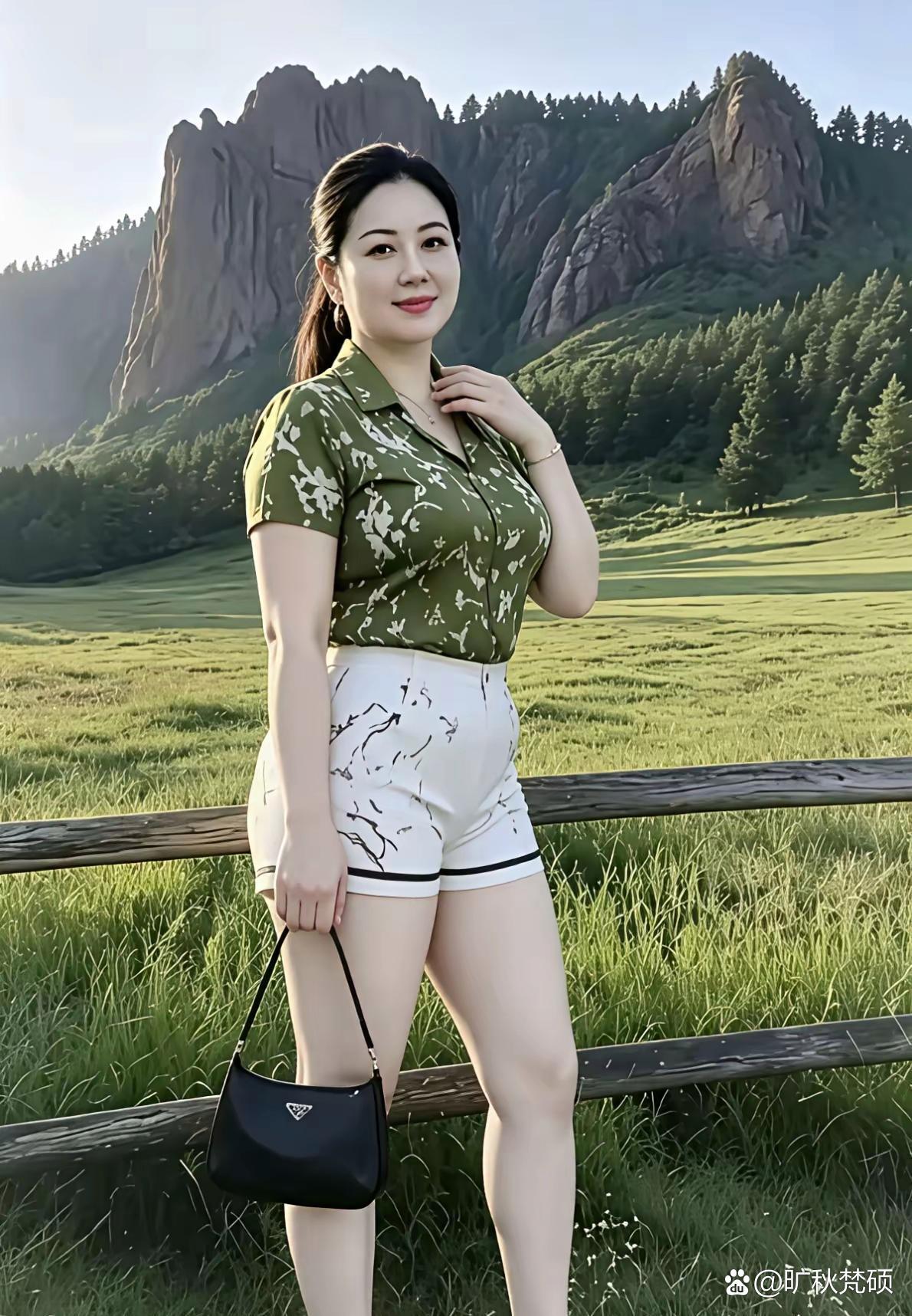 她站在山前，笑容灿烂。