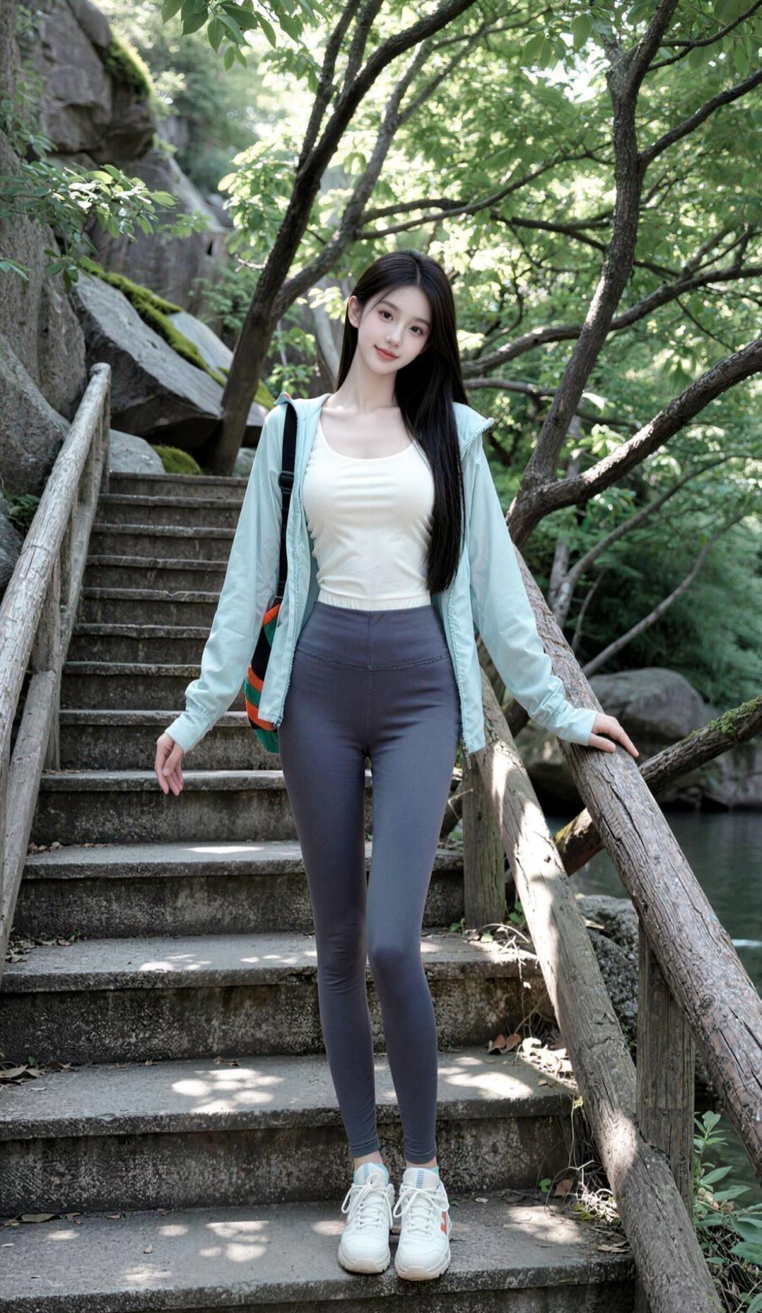 阳光下的清新少女，漫步在绿意盎然的林间小道。