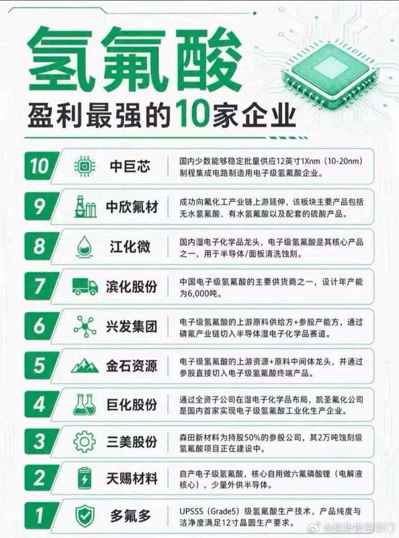 氢氟酸盈利最强的10家企业 