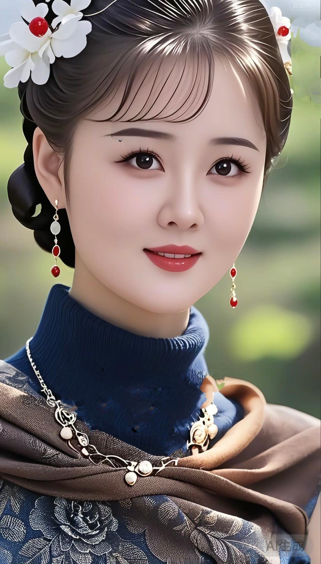 古典美人，花钿妆，红唇轻启，韵味十足。