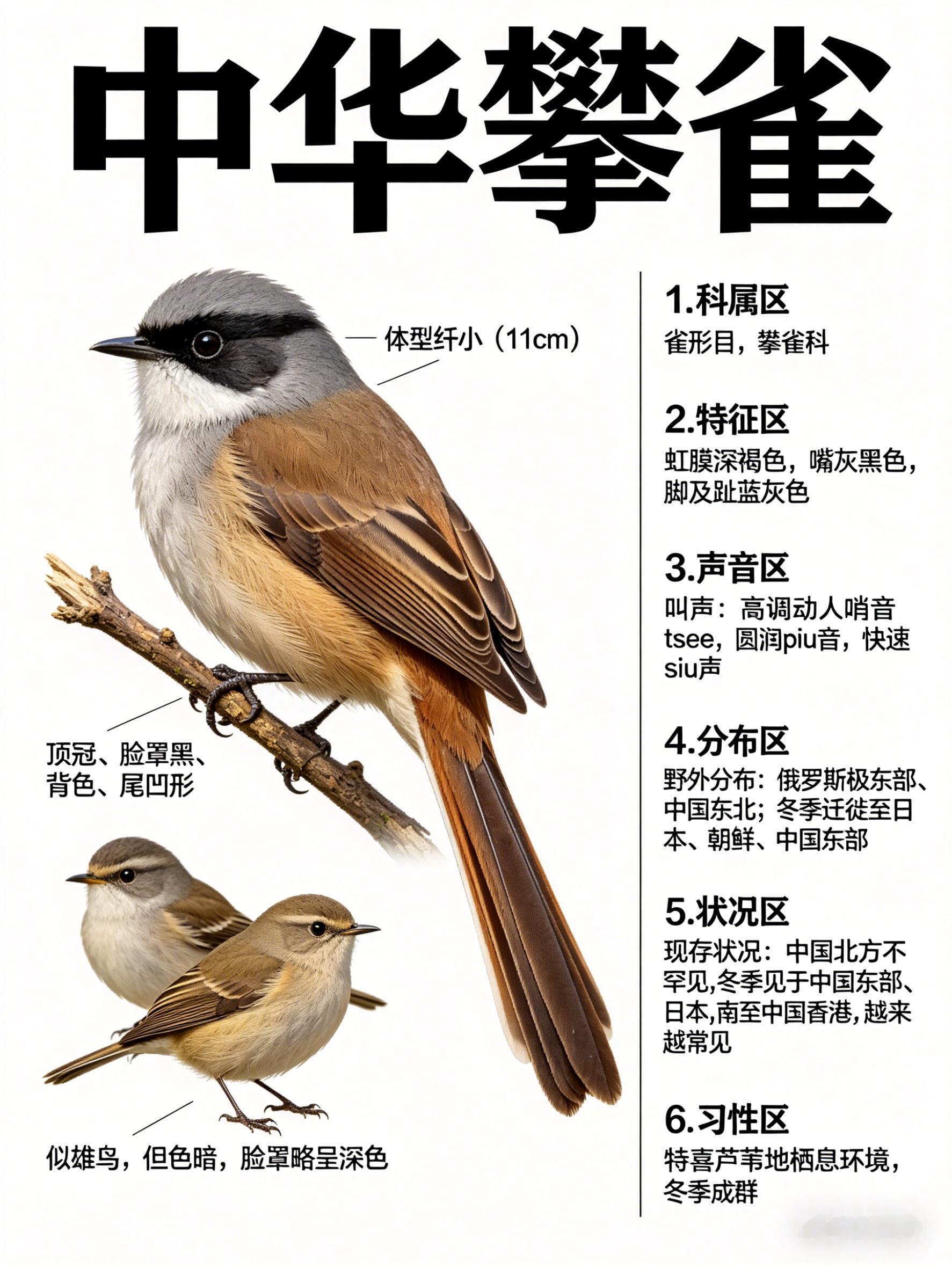 鸟类朋友图鉴 中华攀雀·科属：雀形目，攀雀科。·外形特征：雄鸟：体型纤小（11c