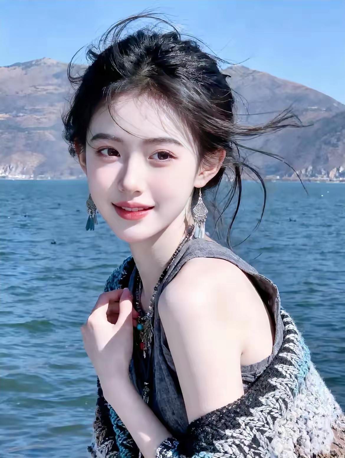 海边少女，微风轻拂，笑靥如花。