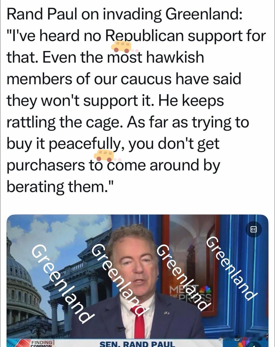 美国共和党参议员发声：没人支持入侵格陵兰，哪怕是共和党内最硬派的政客。
如果总统