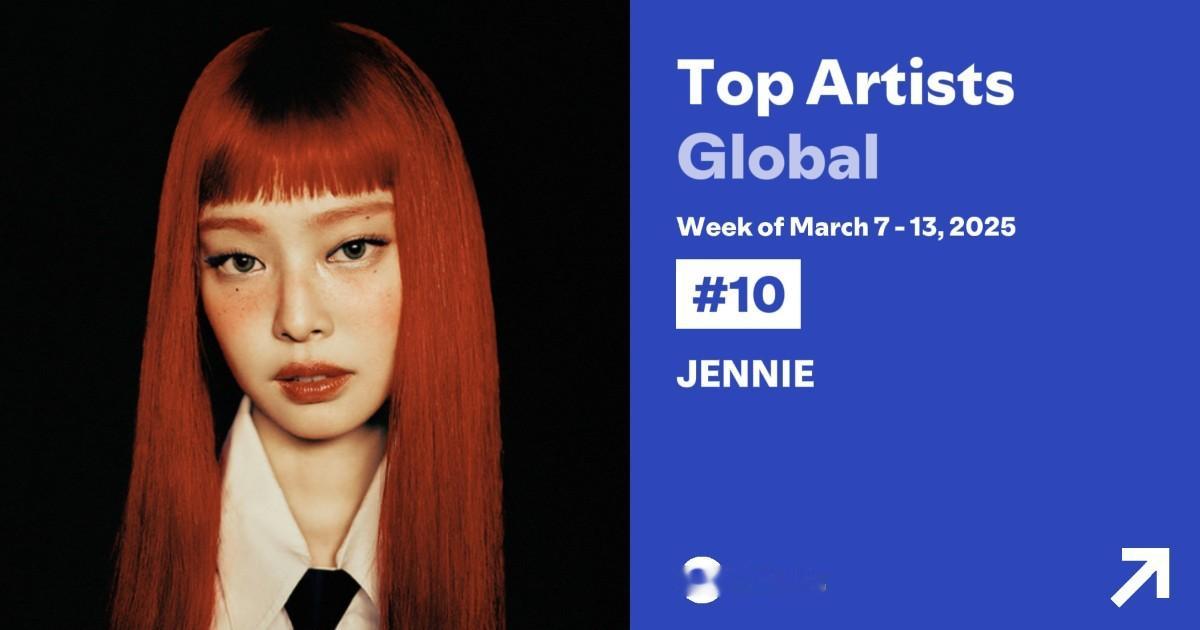 JENNIE 🌎全球Spotify艺人周榜升至第🔟名成为历史第1️⃣位进入前